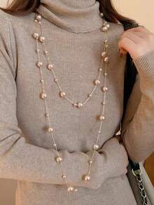1件装时尚长款仿珍珠项链，简约优雅毛衣链，百搭 - 珍珠 - 查看 2
