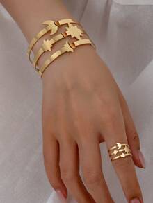 Set de 2 piezas de brazalete y anillo con diseño exagerado de estrella y luna, ajustable, adecuado para uso en fiestas y días festivos de mujeres - Dorado - Ver 8