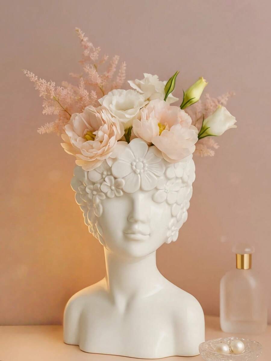 1pc Petal-Shaped Face Vase, A Creative Nordic-Style Cream-Inspired Vase Featuring A Human Face Design, Suitable For Home Living Room Table Decoration. - Multicolor - View 1
