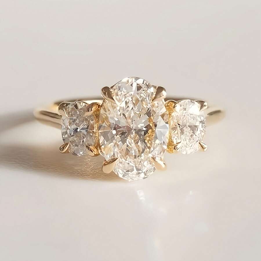 18K Gold Plated 4-Prong Oval Cubic Zirconia Wedding Ring For Women - Gold - View 1