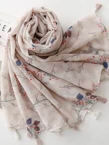 女士轻盈碎花围巾，带流苏，植物枝条图案，透气披肩，适合春夏佩戴 - 彩色 - 查看 3