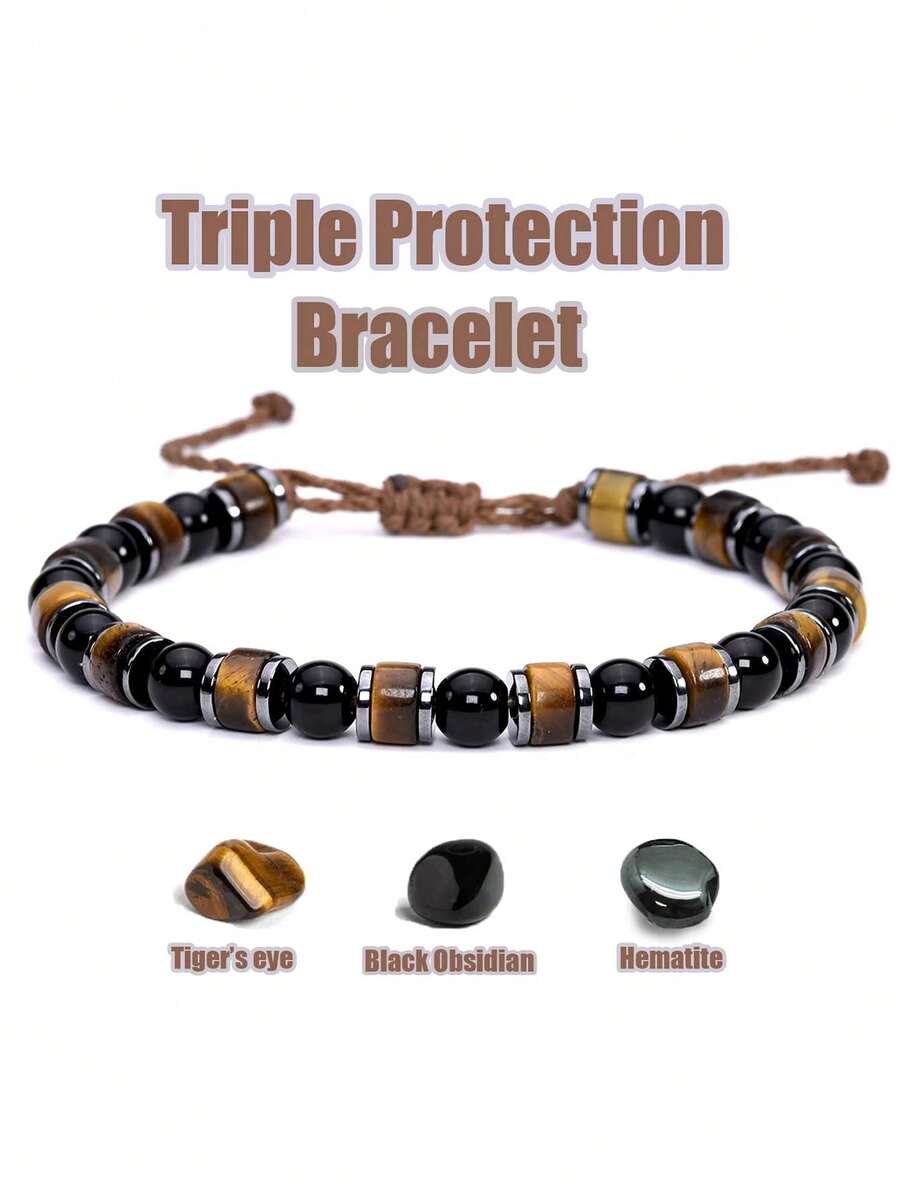 三重守护手链，6毫米虎眼石、黑曜石、赤铁矿珠子编织绳手链，寓意好运、力量、勇气，水晶瑜伽冥想饰品，男女皆宜 - 彩色 - 查看 1