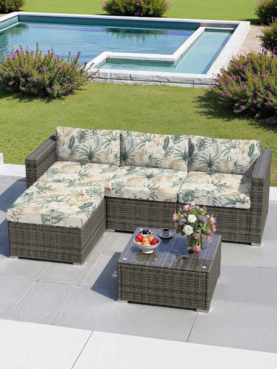 1件装热带雨林树叶印花牛奶丝沙发坐垫套，高弹防尘可水洗沙发套，四季通用，适用于露台、花园、泳池边及各种场合，单独出售。