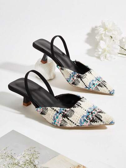 Women's Spring/Summer Tweed Sequin Woven High Heel Shoes, Fashionable Sweet Pointed Toe Slip-On Sandals, Elegant Evening Party Shoes, Suitable For Music Festivals (Random Cut)