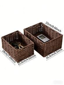 2pcs Rattan Desktop Storage Baskets, Available In Large & Small Sizes, Remote Control & Snack Organizer, Suitable For Living Room Coffee Table/Bedroom Nightstand, Ideal For Rental/Dorm Desk Organization - Black - View 6