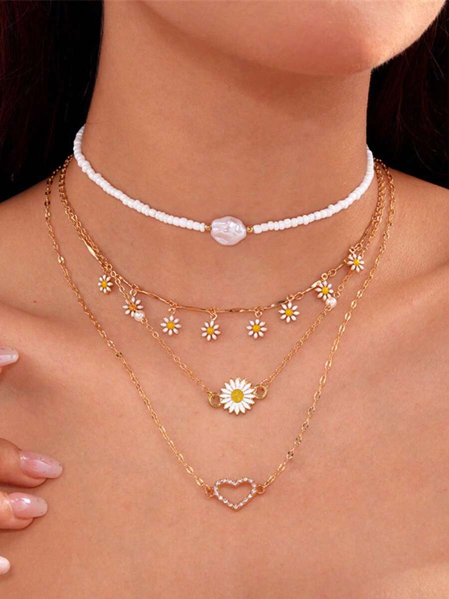 4件套新款时尚多层可叠戴奢华雏菊和仿珍珠项链套装，适合度假、派对、节日礼物 - 彩色 - 查看 1