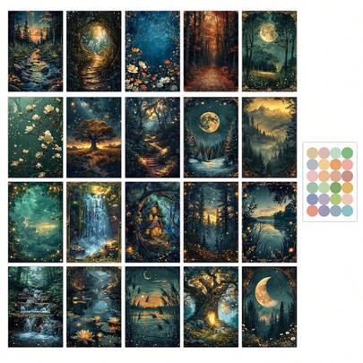 20张梦幻月夜森林风景艺术卡片，10x15厘米月光瀑布森林小屋墙饰卡片，复古金色月亮主题卡片制作套装，非常适合节日贺卡、DIY工艺品、剪贴簿和手工项目、卧室装饰海报、家居相框装饰、创意拼贴画和派对礼品。