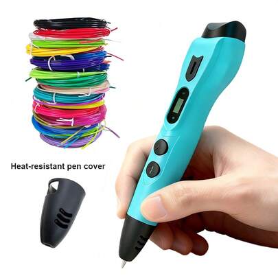 עט הדפסה תלת מימד 06S - כולל עט תלת מימד, 12 צבעים למתחילים, 78 רגל של פילמנט PLA, ספר סטנסילים, מדריך פרויקט, שרטוט תלת מימד, כבל USB, תיק נייד שחור