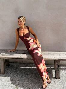 优雅浪漫性感休闲度假约会碎花蕾丝连衣裙，夏季连衣裙，女士优雅连衣裙，休闲长裙，夏季度假装扮，碎花连衣裙 - 酒紅色 - 查看 2