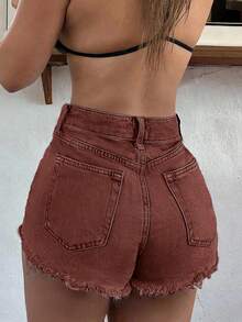 Women's Casual Pocketed Button Distressed Denim Shorts, Versatile For Daily Wear - Brown - View 5