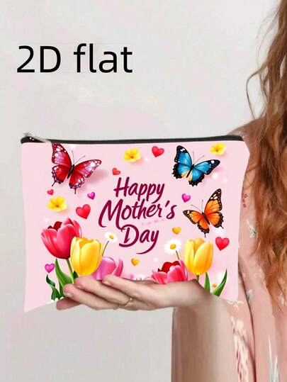1pc 2D Printed "Happy Mother's Day" Butterfly & Flower Pattern Cosmetic Bag, Cute Colorful Makeup Organizer Pouch, Floral Print Travel Toiletry Bag