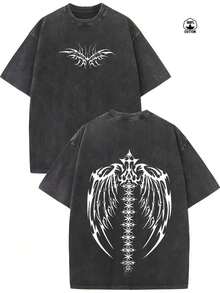 Vintage Washed And Distressed Oversized Short-Sleeved Cotton T-Shirt With Delicate Double-Sided Wing Print.2026 - Summer Tops - 2026 New Summer Tops - Men Shirts - Easter Shirt - Graphic Tees - 黑色 - 查看 1