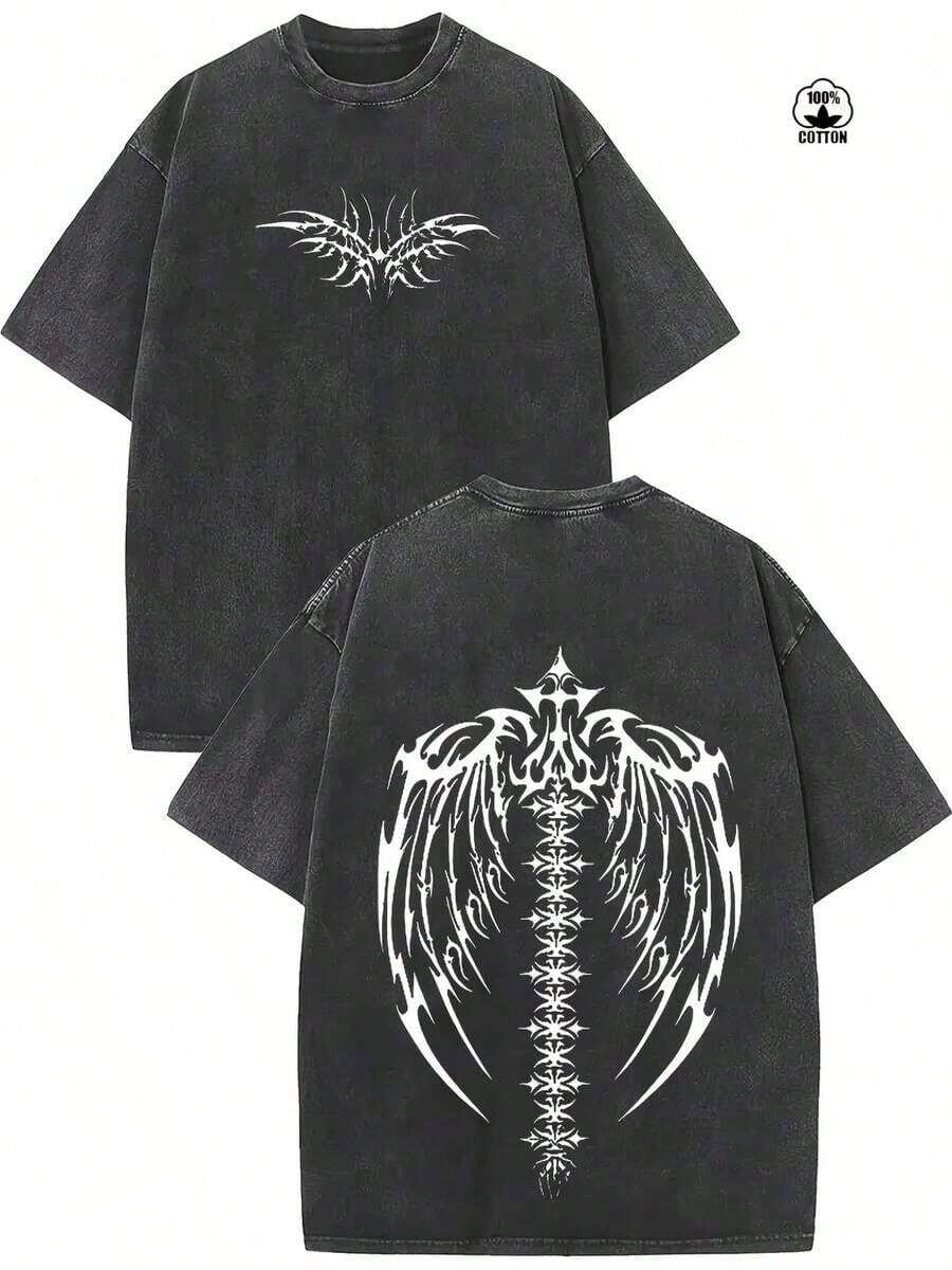 Vintage Washed And Distressed Oversized Short-Sleeved Cotton T-Shirt With Delicate Double-Sided Wing Print.2026 - Summer Tops - 2026 New Summer Tops - Men Shirts - Easter Shirt - Graphic Tees - 黑色 - 查看 1