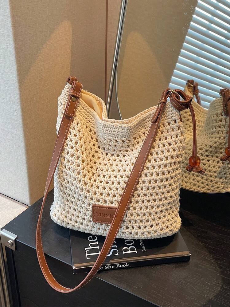 New Handmade Woven Letter Design Shoulder Bag, Suitable For Daily Outings, Beach Vacations And Leisure Activities, Spring/Summer - Beige - View 7