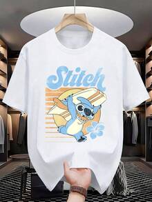 Disney Men's Casual T-Shirt, Stitch "Retro Surfing" Print (Black Front), Bold & Vibrant Design, Ideal For Lilo & Stitch Fans & Daily Wear - 白色 - 查看 1