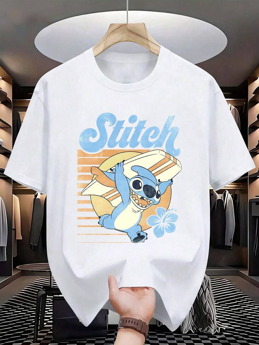 Disney Men's Casual T-Shirt, Stitch "Retro Surfing" Print (Black Front), Bold & Vibrant Design, Ideal For Lilo & Stitch Fans & Daily Wear - 白色 - 查看 1
