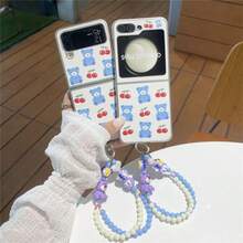 樱桃熊皮革折叠手机壳，带链条，适用于三星 Galaxy Z Flip3 5G/Galaxy Z Flip 4 5G/Galaxy Z Flip 5 5G/Galaxy Z Flip 6 5G/Galaxy Z Flip 7 5G，卡通可爱折叠保护套 - 彩色 - 查看 4