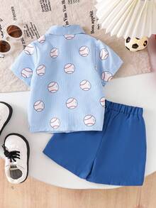 两件套幼儿男童休闲户外短袖印花衬衫+短裤套装，轻便夏季商务通勤装。 - 寶藍色 - 查看 2