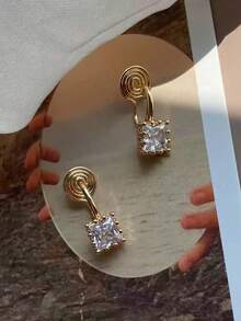 锆石夹式耳环，适合无耳洞女性佩戴，简约法式风格，圆脸无痛耳环 - 金色 - 查看 7