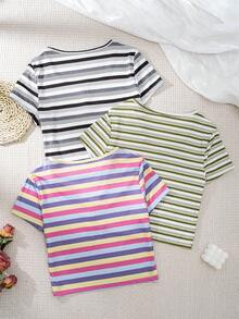 Bộ đồ ngủ ngắn tay kẻ sọc 3 món dành cho nữ, thiết kế cổ tròn. - Nhiều màu - Xem 2