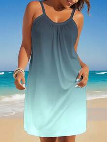 Đầm slip đi biển màu xanh ombre cỡ lớn dành cho nữ, xẻ tà, không tay, dây mảnh, dài đến đầu gối, hở lưng, chất liệu vải dệt kim, thích hợp cho kỳ nghỉ hè, tiệc tùng, thanh lịch. - Màu xanh chanh - Xem 3
