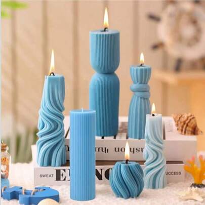 1支条纹圆柱形香薰蜡烛，大号柱状蜡烛，无烟无滴蜡，燃烧时间长，直径5厘米，高度5-20厘米，适用于浴室、客厅、婚礼、生日、桌面和节日装饰（蓝色）