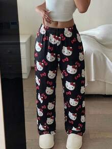 SANRIO 1 chiếc quần dài ống đứng màu đen mềm mại và dễ thương in họa tiết hoạt hình, quần ngủ mặc nhà dành cho nữ. - màu đen - Xem 4