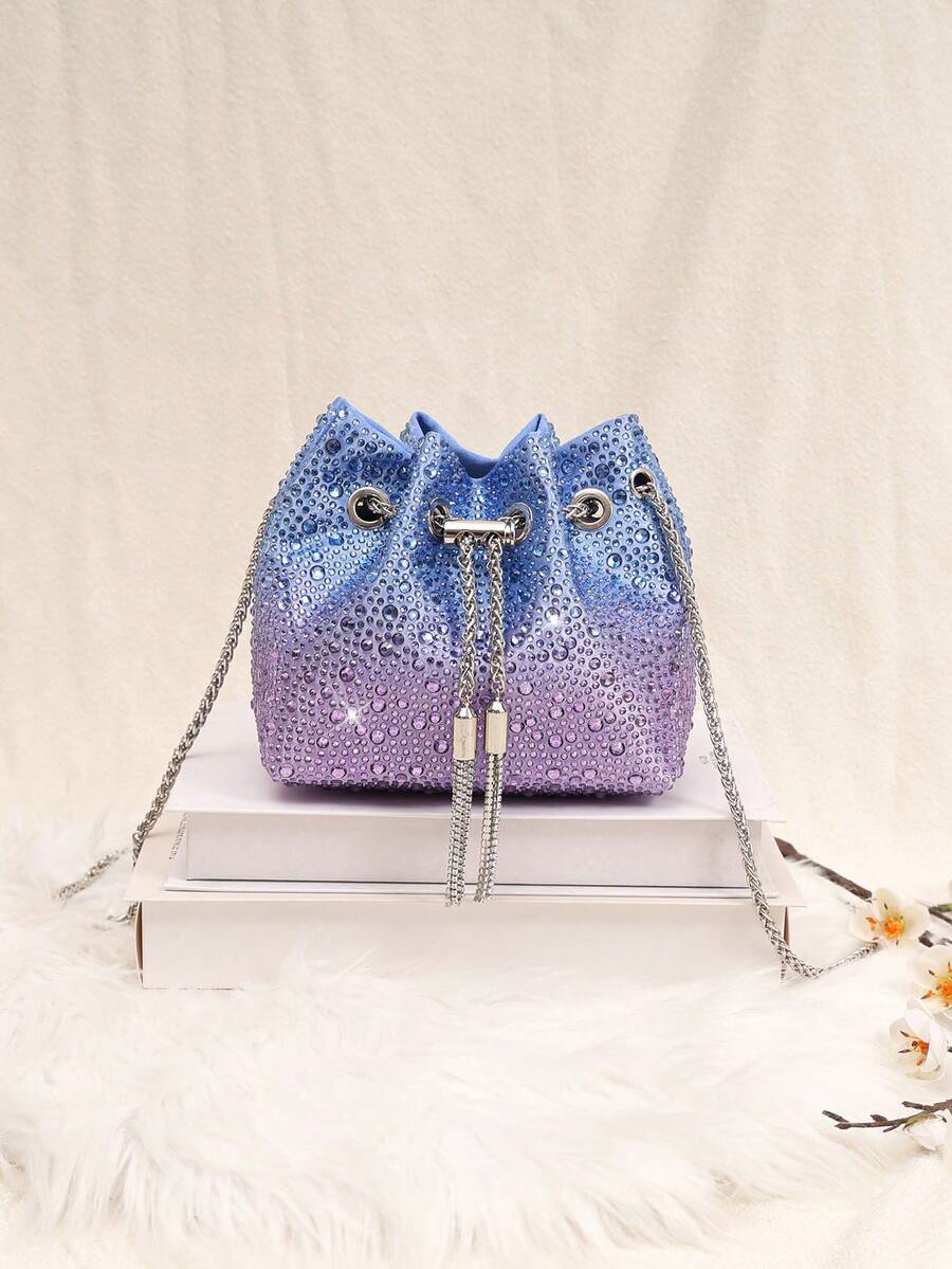 Elegant Ombre Rhinestone Bucket Bag, A Birthday Gift For Ladies, Glitter Bag/Glitter Bag With Highly Attractive, Shiny Banquet Bag, Fashion High-End Crystal Bag With Tassel Chain Shoulder Handbag, Party Bag, Interesting Valentine's Day Gift - 薰衣草色 - 查看 1