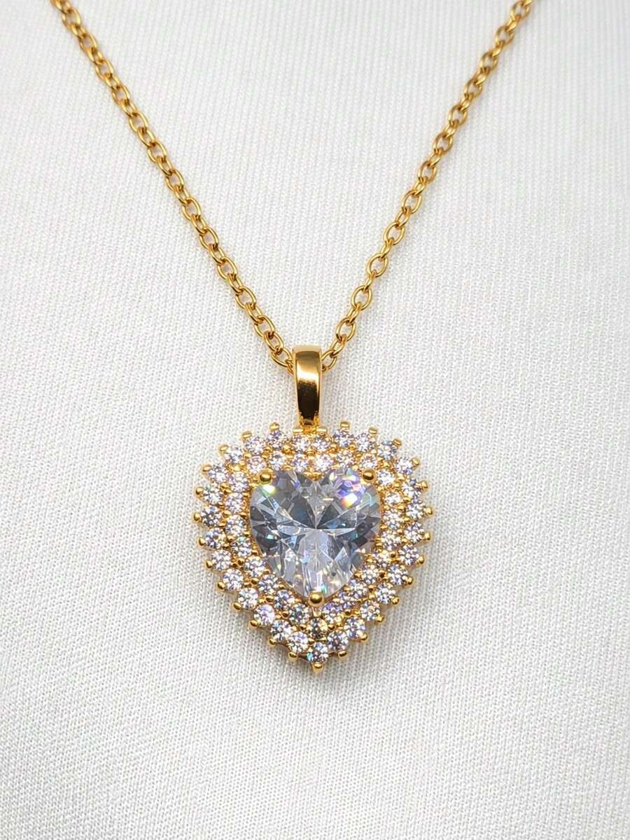 Women's Gold Or Silver Necklace With A Heart-Shaped Pendant Set With A Cubic Zirconia In Genuine 316L Stainless Steel. - 金色 - 查看 1
