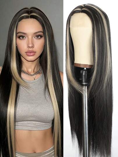 26 Inch Women Grey With Highlights In Blonde/Red/Burgundy Lace 4 * 1 Straight Wig, Heat Resistant, Elegant Smooth Versatile, Suitable For Christmas, Carnival, Fits All Women