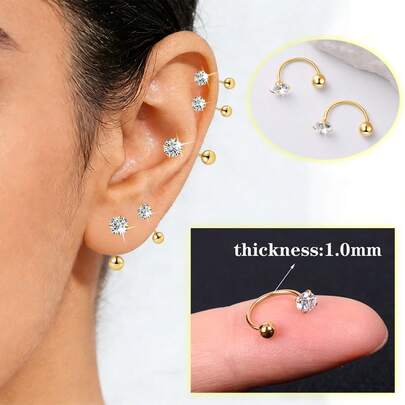 1pc/3pcs/5pcs Stainless Steel C-Shape Zirconia Stud Earrings, Gold Screw Ear Cuff Earrings For Women, Daily, Party, Bar Outfit, Valentine's Day Gift