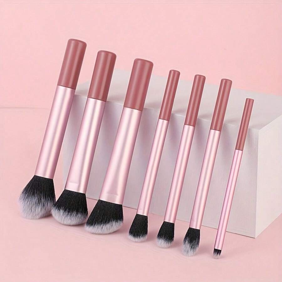 7pcs Pink Professional Makeup Brush Set, Including Blush Brush, Powder Brush, Concealer Brush, Eyeshadow Brush, Full Makeup Tools, Great For Travel And Gift - Pink - View 1