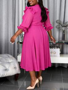 Plus Size Women's Elegant Chiffon Pleated Mid-Length Dress With Layered Ruffle Sleeves And Belt, Fashion Party Wedding Guest Formal Occasion Dress - 玫紅色 - 查看 2