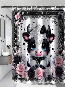 1件/4件套卡通可爱蝴蝶结小牛图案浴室浴帘套装 - A - 查看 15