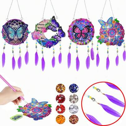 1pc Diamond Painting Wind Chime Kit, Feather, Butterfly & Flower Series - Acrylic Material With Round Crystal Diamond Accents, Handmade With Artificial Feather Diamond Art Decor, Suitable For Home And Garden Decoration