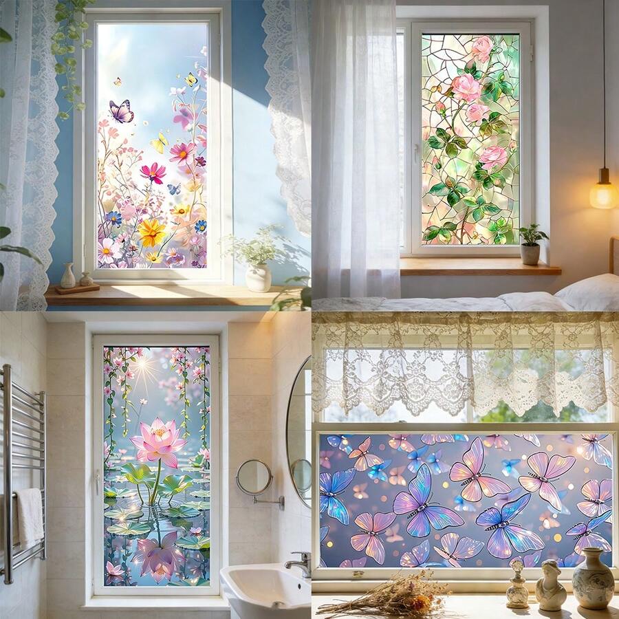 1/4pcs Summer Style Static Cling Frosted Window Film. Beautiful Lotus, Rose, Butterfly Patterns. Removable Waterproof PVC Material. Suitable For Bathroom, Kitchen, Living Room Windows, Also For Privacy Protection.