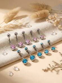 1pc Titanium Alloy Pink And Blue Cubic Zirconia Women's Belly Ring, 14G Short Belly Piercing Jewelry, Internal Threaded Belly Ring 6/8/10/12/14/16mm - Silver - View 4