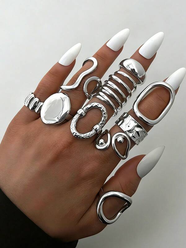 10pcs/Set Vintage Elegant Bohemian Gothic Style Silver Rings, Containing Hollow Asymmetrical Geometric Teardrop Open Stacking Multi-Element Design Rings, Suitable For Daily, Party, Date, Holiday Wear, Gift
