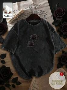 大码女式水洗棉短袖T恤。玫瑰图案，复古宽松版型。Y2K街头风。学院风，时尚百搭的Y2K女装，适合通勤。街头风常规版型，小众宽松时尚Y2K朋克Grunge图案T恤，可机洗短袖T恤。休闲黑色夏季款 - 黑色 - 查看 1