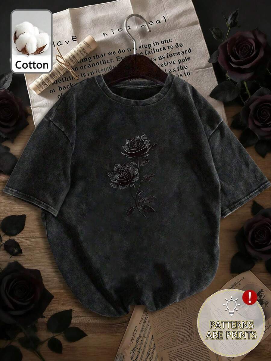 大码女式水洗棉短袖T恤。玫瑰图案，复古宽松版型。Y2K街头风。学院风，时尚百搭的Y2K女装，适合通勤。街头风常规版型，小众宽松时尚Y2K朋克Grunge图案T恤，可机洗短袖T恤。休闲黑色夏季款 - 黑色 - 查看 1
