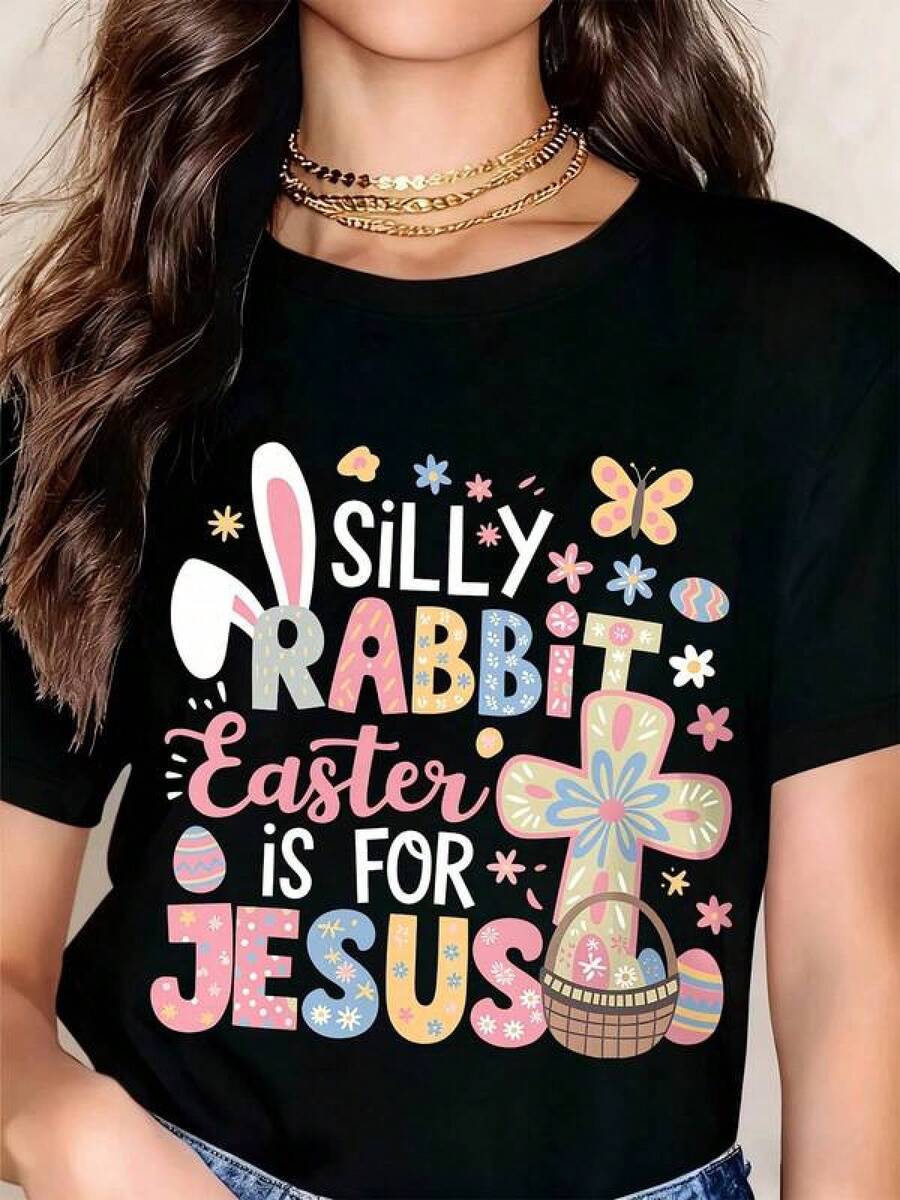 Camiseta de anime japonés estampada por una sola caraT-Shirt Silly Rabbit Easter Is Jesus Print Christian Easter Themed Graphic-Shirt Women And Girls Casual Spring Season Wear,Camisetas unisex, una excelente opción de regalo, perfectas para el Día de San Patricio, Pascua, camisetas de anime, estampados de personajes de dibujos animados, regalos de Pascua,playera hombre,ropa de hombre,camisas de hombre,playeras de mujer,blusas casuales para dama,blusa mujer,tops, - Negro - Ver 1