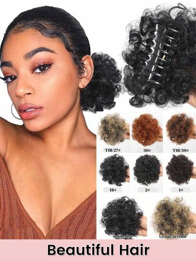 Synthetic Afro Puff Hair Bun Kinky Curly Ponytail Clip-In Extensions Updo Hairpieces For Women Daily Party Use Afro Puff Hair Bun Synthetic Clip On Ponytail Extensions Black Brown Kinky Curly Claw Small Hair Bun For Women Daily Wear
