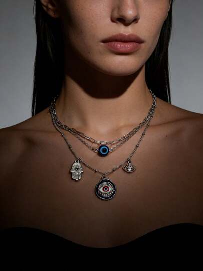 1pc Fashion Luxury Personalized Devil's Eye/Palm Multi-Element Layered Necklace, Versatile Accessory Suitable For Women To Wear To Parties/Music Festivals