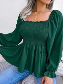 Long-Sleeved Chiffon Blouse With Ruffles And Square Neckline | Casual Style, New Spring/Summer Collection - 綠色 - 查看 11