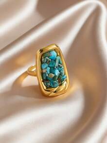 2026 New Year Of The Horse Contrast Color Natural Stone Open Ring, Turquoise & Tiger Eye Dual Tone Boho Style Butterfly Turquoise Ring, Unique Fragmented Stone Combination Ring, Lucky Tiger Eye & Turquoise Jewelry - Gold - View 8