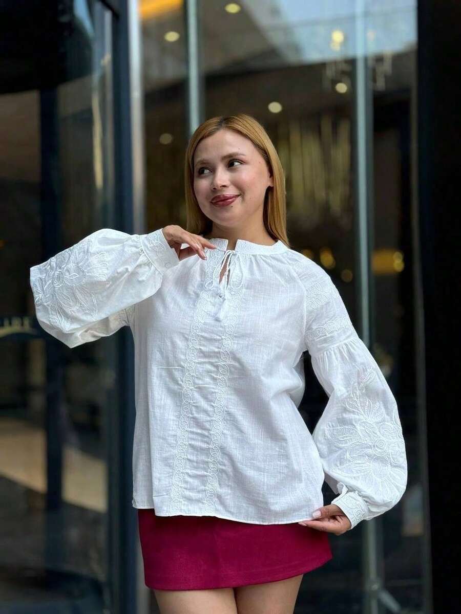 Women's Bohemian Style White Tie Neck Dropped Shoulder Long Sleeve Regular Length Shirt With Front Button Closure And Embroidery - White - View 1