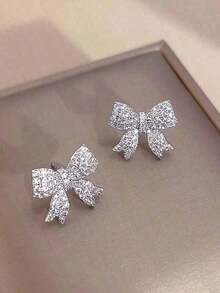 1Pair Sparkling Crystal Bow Knot Stud Earrings For Women Ear Dainty Wedding Valentine's Day Xmas Gift Valentines,Mom,Mother,Mother's Day,Gift - Hoa tai nơ - Xem 3
