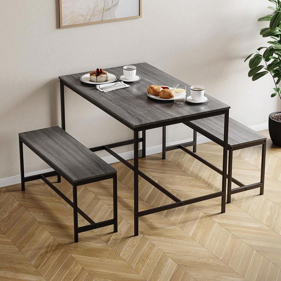 Roslyn 4 Seater Dining Table With 2 Benches, 3 Piece Set - Grey - View 1