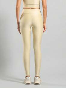 FITNATION Leggings Set With Waistband Pocket + Longline Cropped Top In Micro-Ribbed Fabric With SHINE And HIGH Elasticity And Support. - Beige - View 3