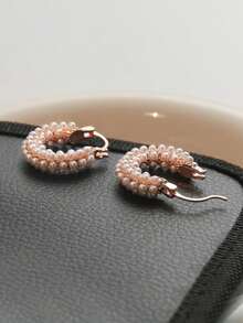 2只简约几何珍珠耳环，U形设计，甜美耳环，适合女性日常佩戴 - 彩色 - 查看 4